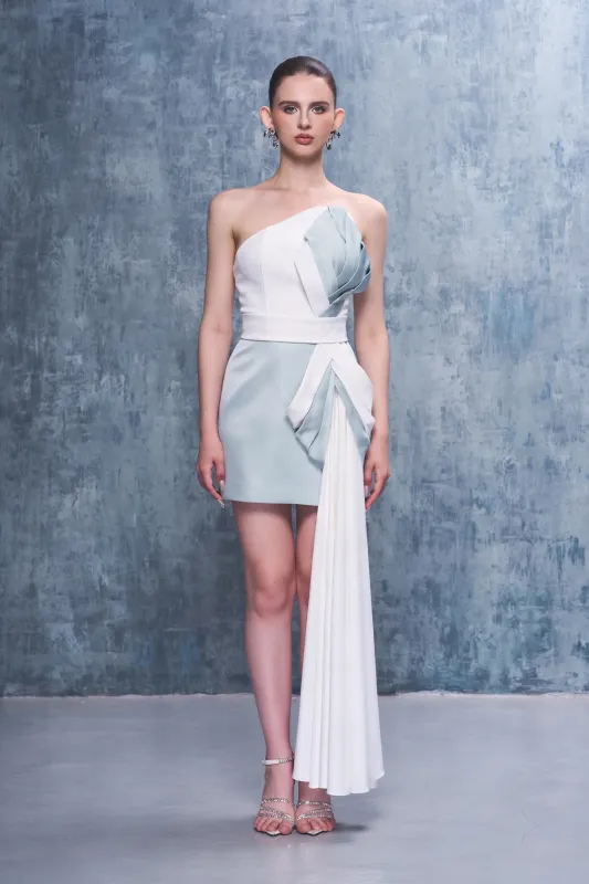 Marga Asymmetrical Neckline Draped Mini Dress With Side Train made by Kalisa