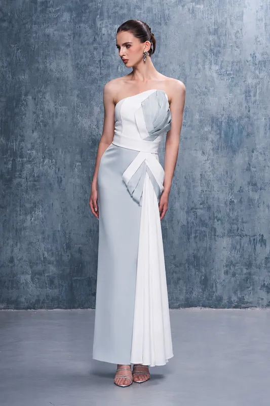 Nadia Asymmetrical Neckline Draped Maxi Dress With Side Train made by Kalisa