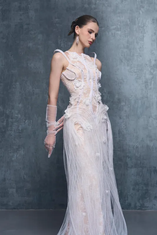 Esther Couture Lace Round-Neck 3D Pleated Plissé Maxi Dress made by Kalisa