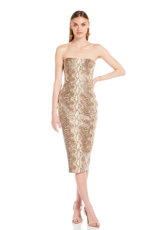 VIXEN DRESS IN CAMEL SNAKE sold by Katie May