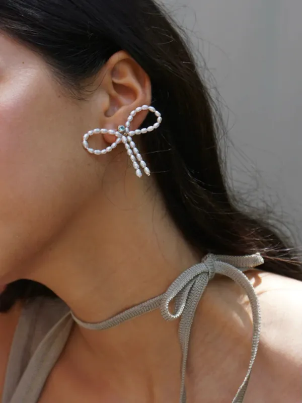 Crystal & Pearl Bow Earrings sold by sonderhaus