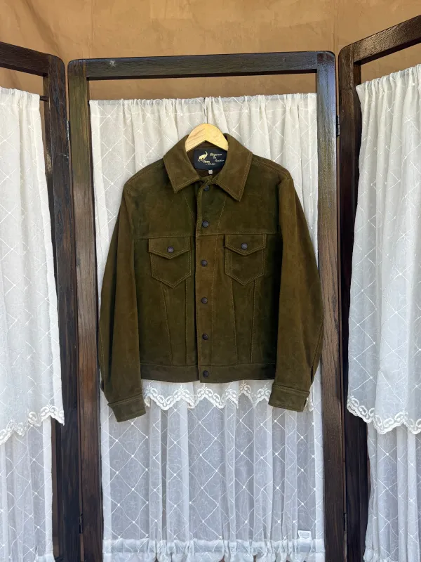 Ibex of England Green Suede Trucker Jacket made by sonderhaus