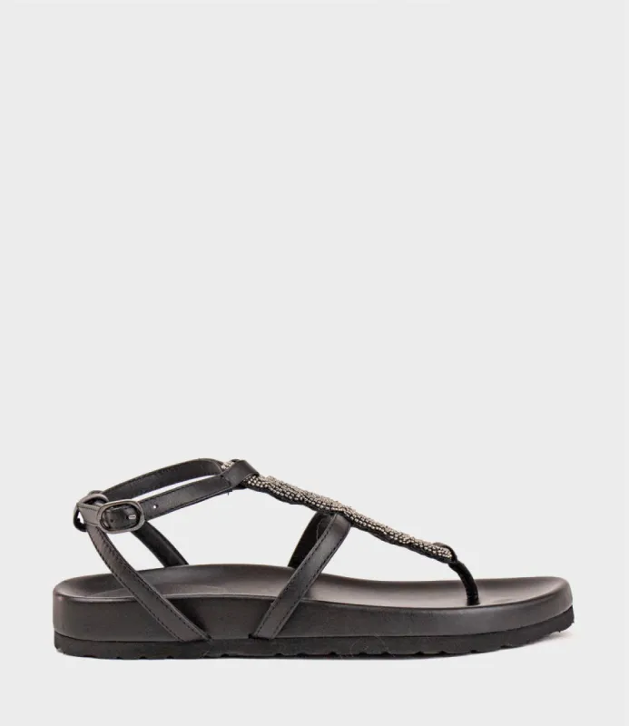 SARIA Embroidered Sandal on Footbed in Black sold by Edward Meller