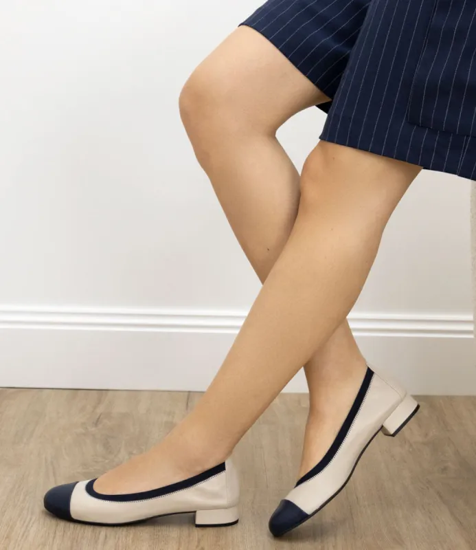 ELSIE Cap Toe Elastic Throat Ballet in Offwhite & Navy sold by Edward Meller