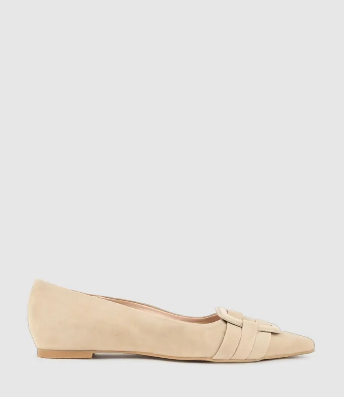 DESTRAFLAT Pointed Ballet with Buckle in Camel Suede sold by Edward Meller