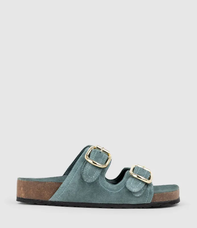 KORI Two Strap Slide on Footbed in Green Suede sold by Edward Meller