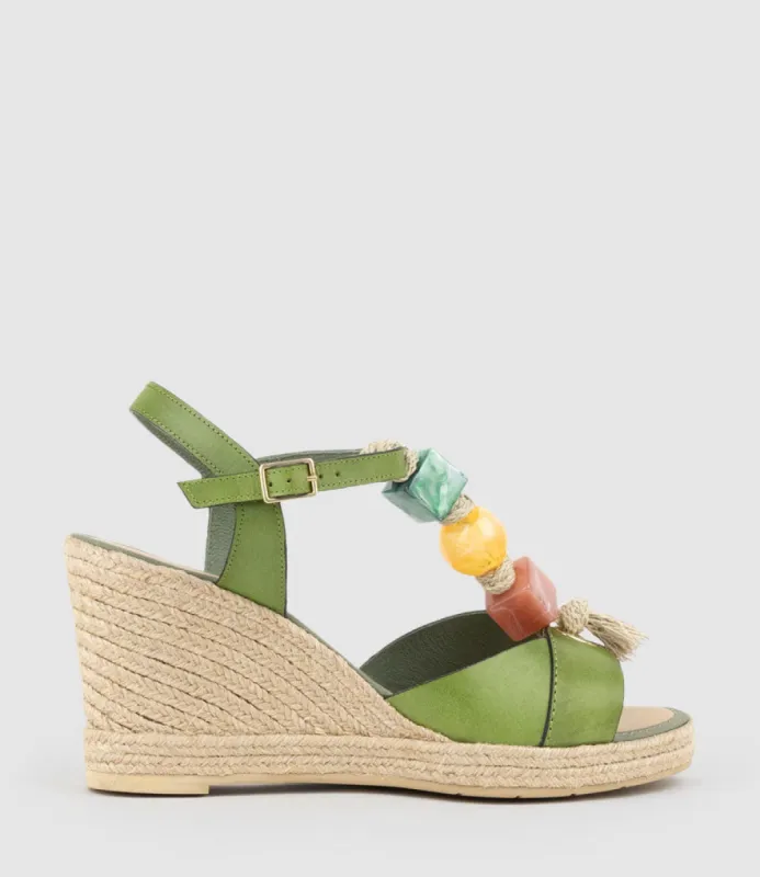 MILLE Bauble T Bar High Espadrille in Green sold by Edward Meller