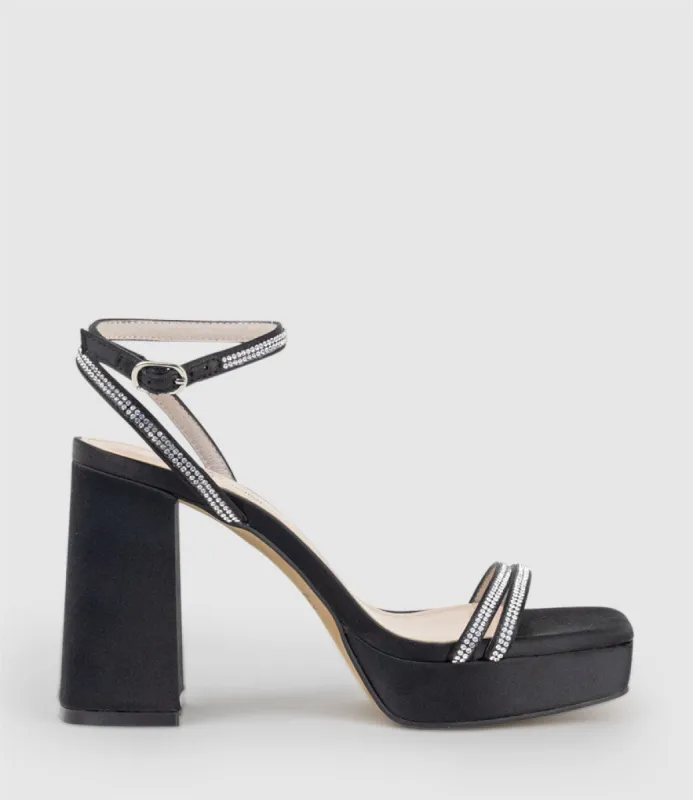RASSO95 Platform Sandal with Diamante Straps in Black Satin sold by Edward Meller