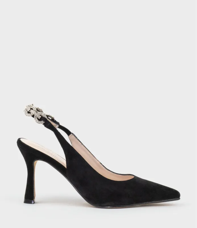 AZALIA85 Slingback Pump with Diamond Band in Black Suede sold by Edward Meller