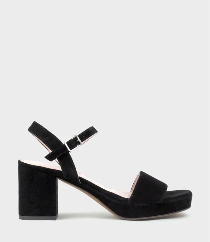 SYLAS75 Platform Sandal in Black Suede sold by Edward Meller
