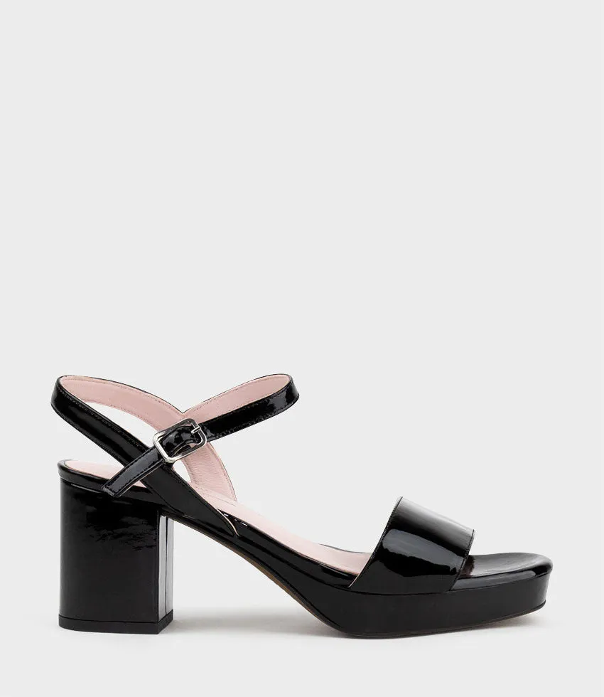 SYLAS75 Platform Sandal in Black Patent sold by Edward Meller