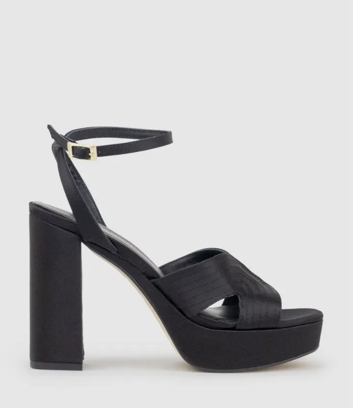 ROSALIA100 Stitched Detail Platform Sandal in Black Satin sold by Edward Meller