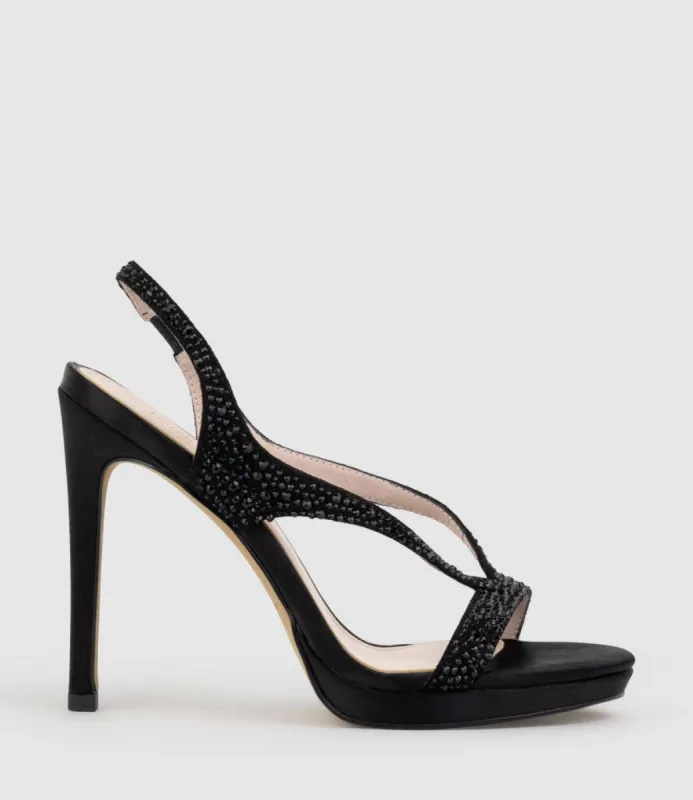 WONDER110 Jewelled Platform Sandal in Black Satin sold by Edward Meller