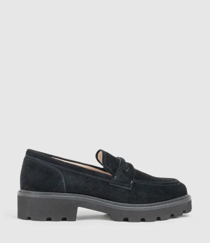 GASTON Moccasin in Black Suede sold by Edward Meller