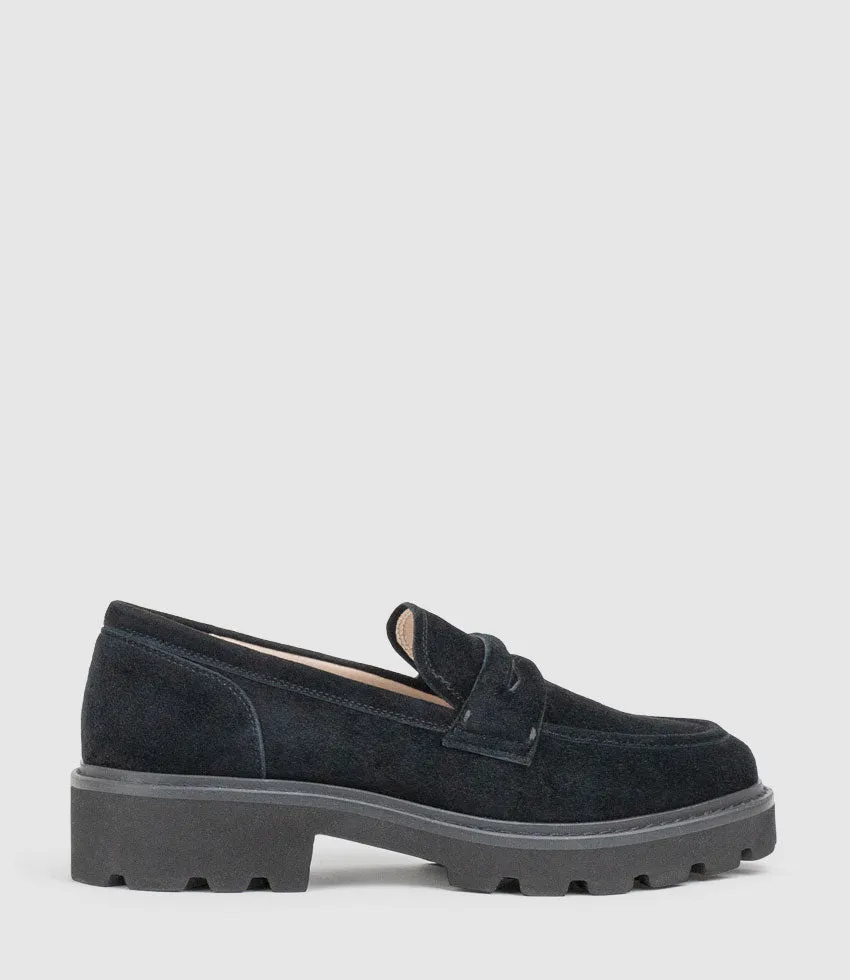 GASTON Moccasin in Black Suede sold by Edward Meller