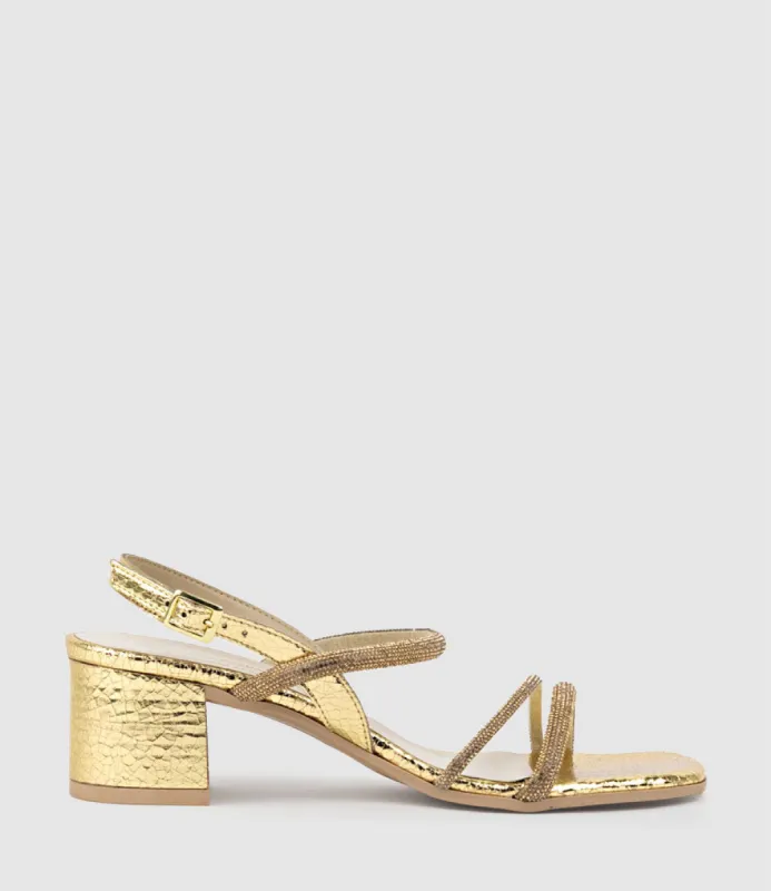 SOIREE50 Block Heel Crystal Sandal in Gold sold by Edward Meller