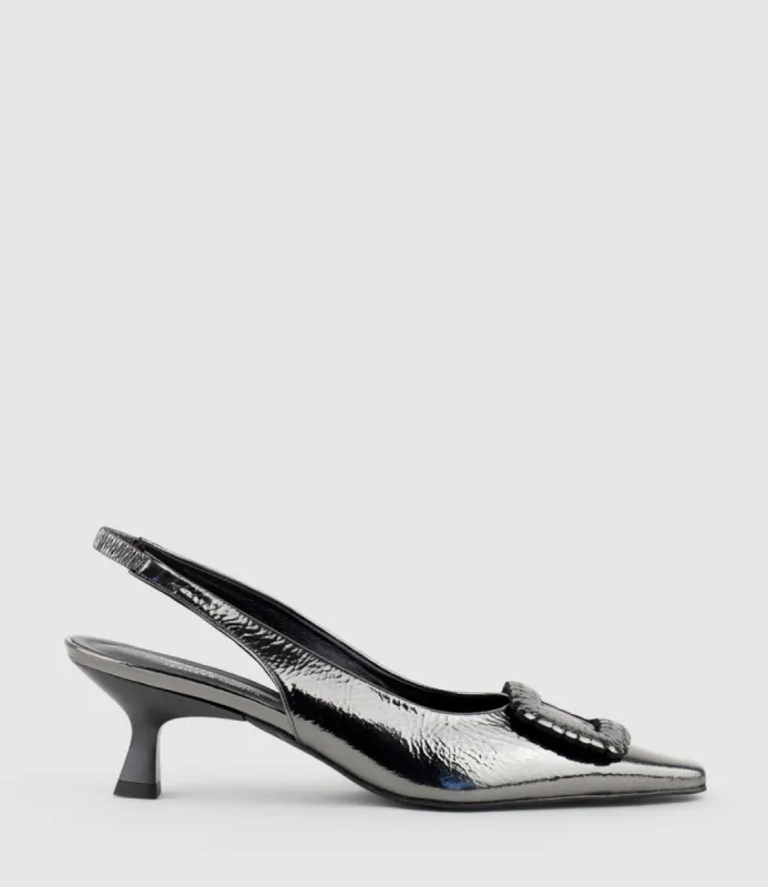 DULCE60 Slingback Pump with Buckle in Pewter Crinkle sold by Edward Meller