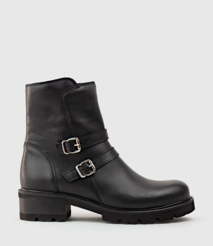 CARLY Double Buckle Biker Boot in Black sold by Edward Meller