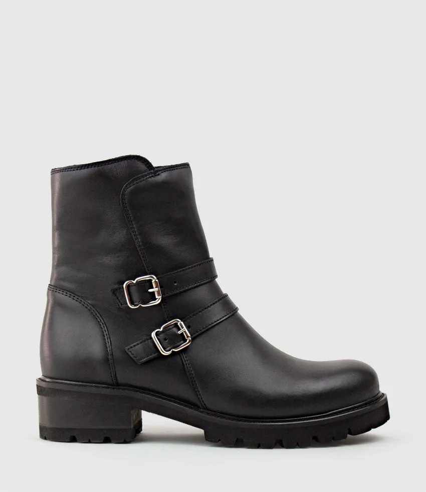 CARLY Double Buckle Biker Boot in Black sold by Edward Meller