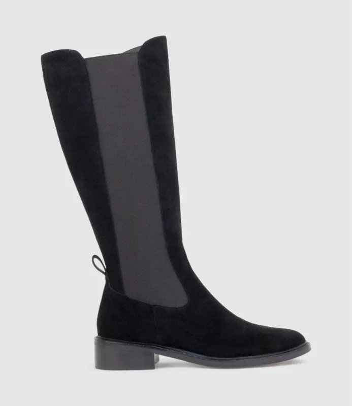 VITAL30 Knee High Boot with Gusset in Black Suede sold by Edward Meller