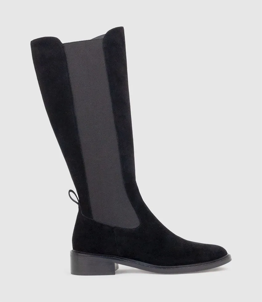 VITAL30 Knee High Boot with Gusset in Black Suede sold by Edward Meller