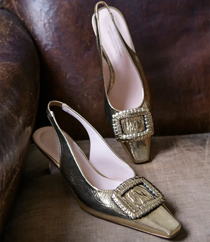 DULCE60 Slingback Pump with Buckle in Gold Crinkle sold by Edward Meller