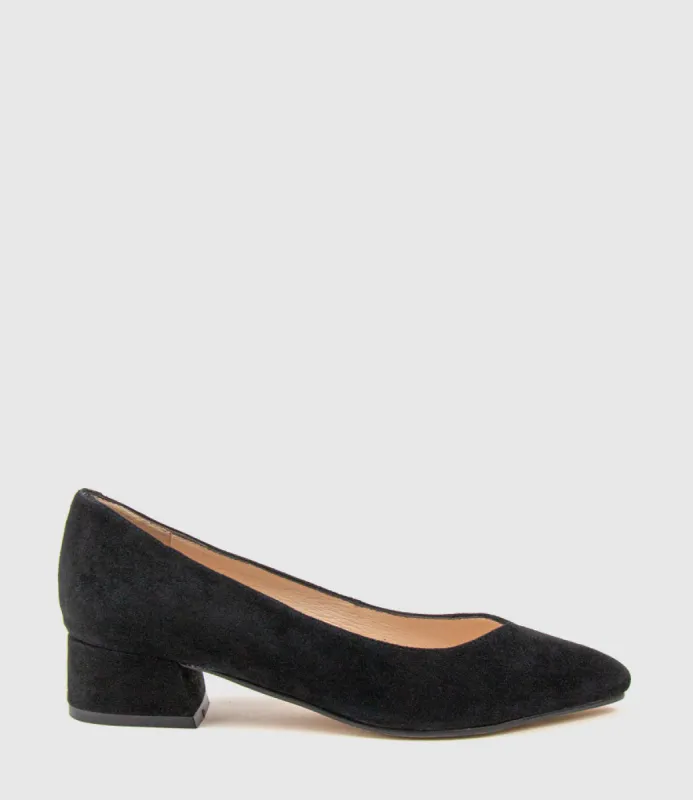 AUDREY35 Low Block Heel Pump in Black Suede sold by Edward Meller