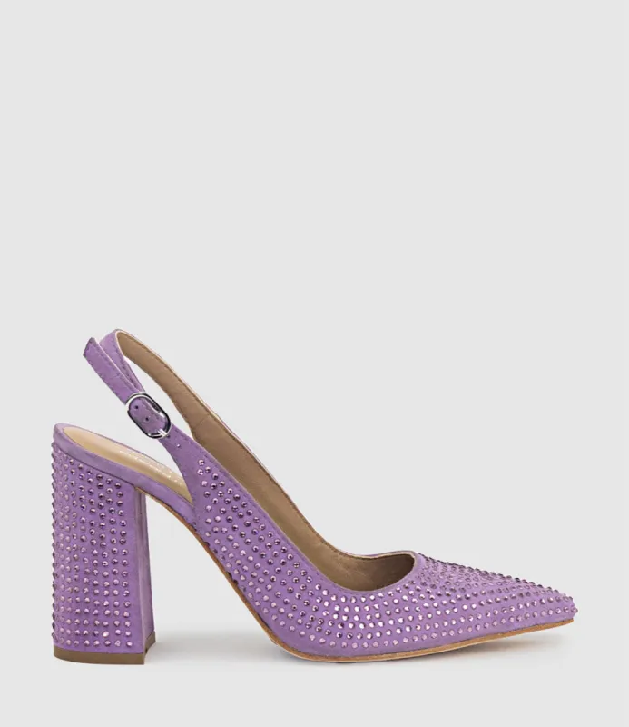 DEMI100 Crystal Slingback Pump in Lilac Suede sold by Edward Meller