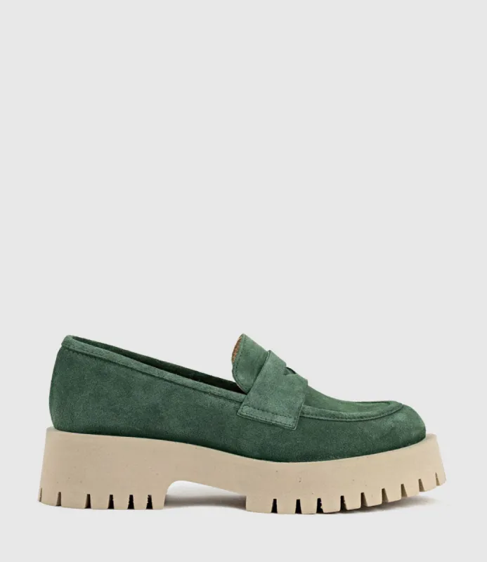 GREVILLE Loafer on Lug Sole in Green Suede sold by Edward Meller