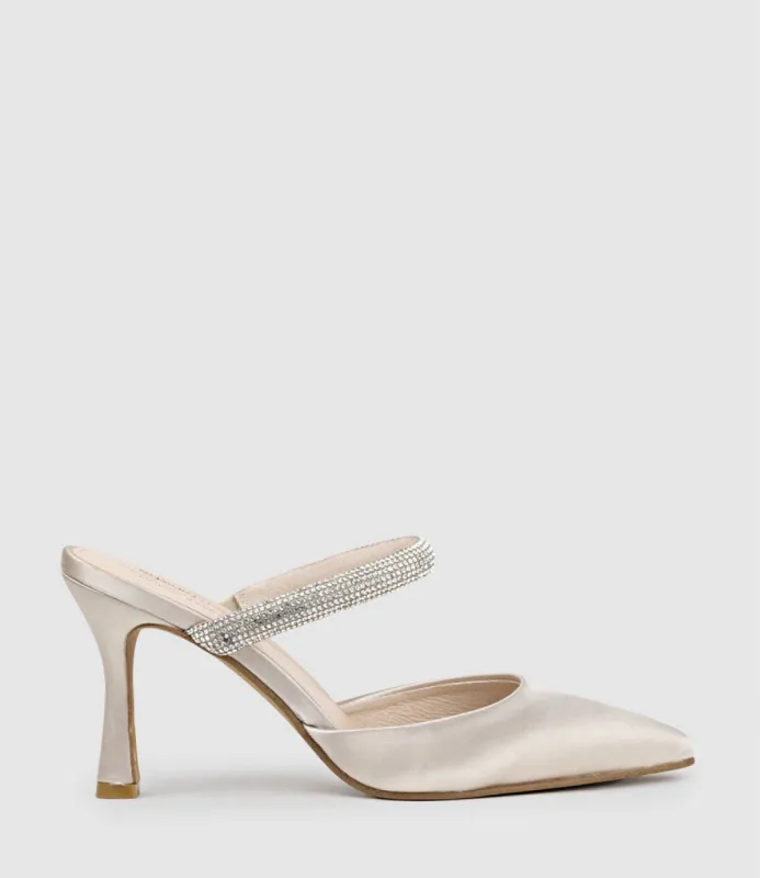 ALEXA85 Closed Toe Slide with Diamante Band in Champagne Satin sold by Edward Meller