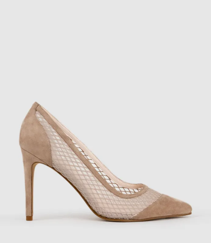 AMALIA100 Pointed Mesh Pump in Nude Suede sold by Edward Meller