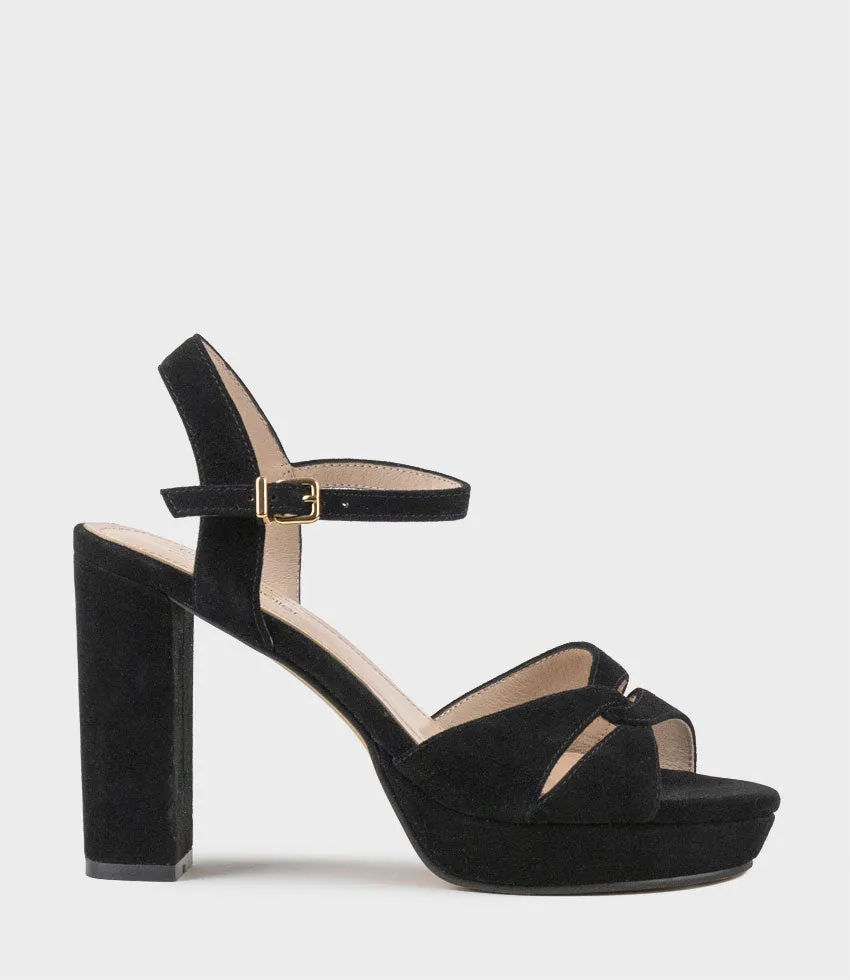 REGENT100 Interlocked Detail Platform Sandal in Black Suede sold by Edward Meller