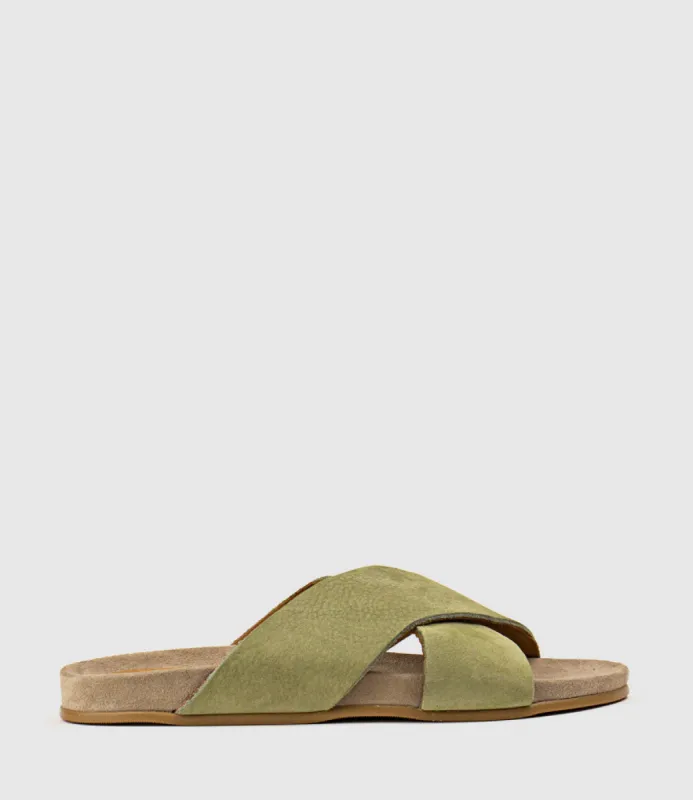 HARRIET Crossover Slide on Footbed in Khaki sold by Edward Meller