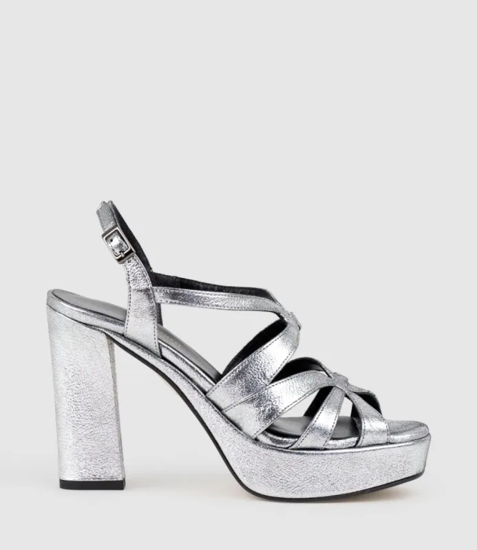 RYLLA115 Caged Platform Sandal in Silver sold by Edward Meller
