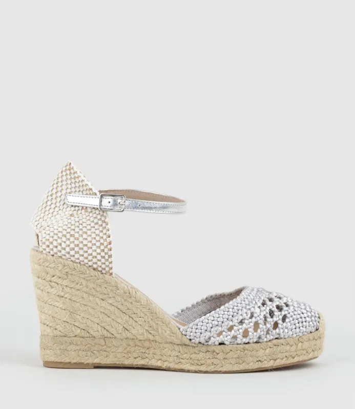 MADRAS Closed Toe Espadrille in Silver sold by Edward Meller