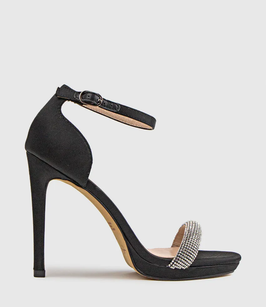 WISTFUL110 Diamond Band Platform Sandal in Black Satin sold by Edward Meller