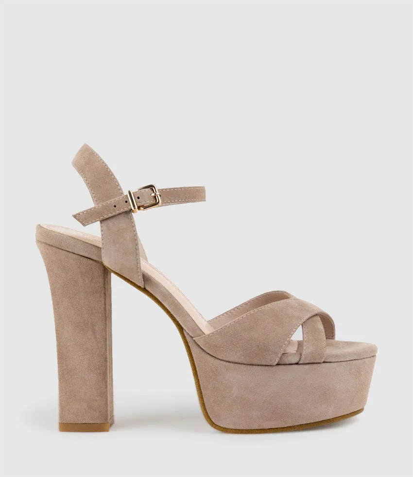 RAMONA125 Inverted Crossover Platform Sandal in Nude Suede sold by Edward Meller