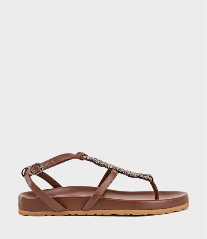 SARIA Embroidered Sandal on Footbed in Brown sold by Edward Meller