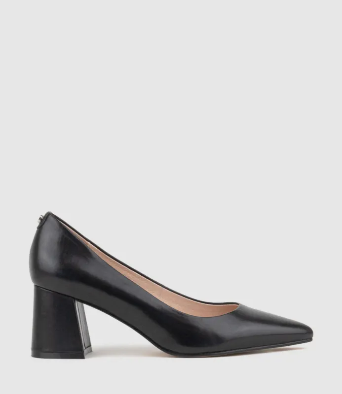 BROOKE65 Pointed Block Heel Pump in Black Calf sold by Edward Meller
