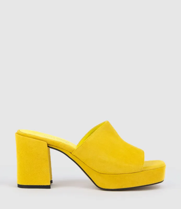 TILLA90 Platform Slide in Yellow Suede sold by Edward Meller