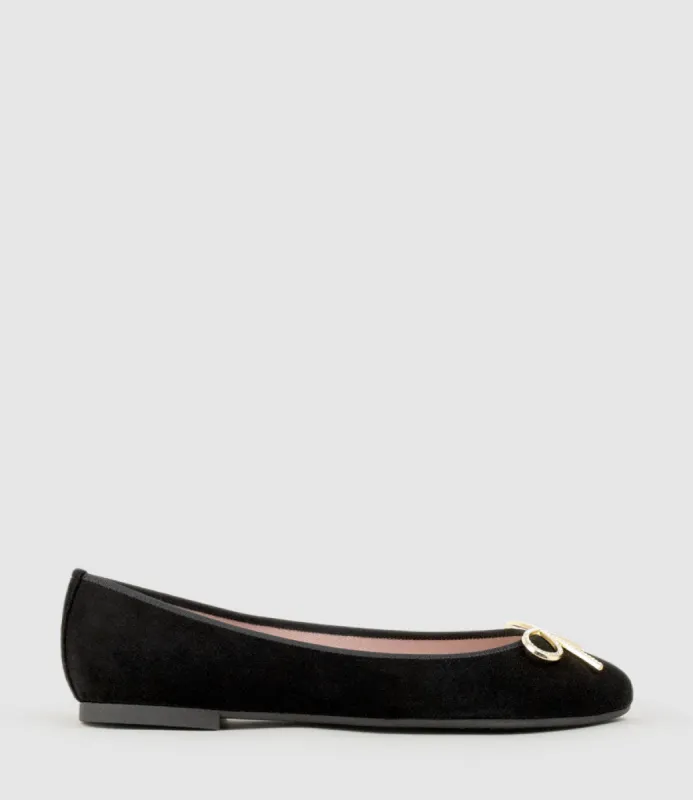 ELLEN Metal Bow Ballet in Black Suede sold by Edward Meller