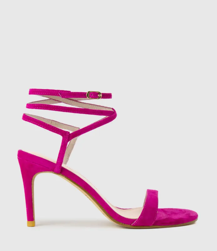 SELINA85 Fine Heel Ankle Wrap Sandal in Fuchsia Suede sold by Edward Meller