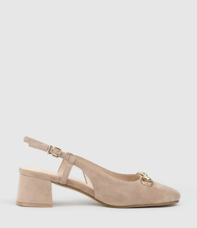 CLEMENTINE45 Closed Toe Sling with Hardware in Nude Suede sold by Edward Meller