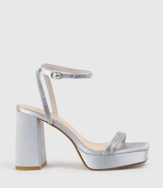 RASSO95 Platform Sandal with Diamante Straps in Silver Satin sold by Edward Meller