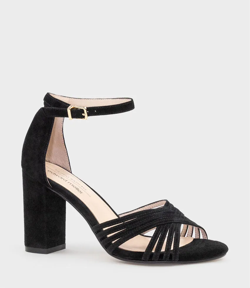 KARINA85 Multistrap Block Heel Sandal in Black Suede sold by Edward Meller product image thumbnail 2
