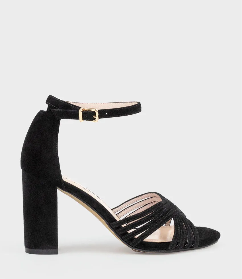 KARINA85 Multistrap Block Heel Sandal in Black Suede sold by Edward Meller