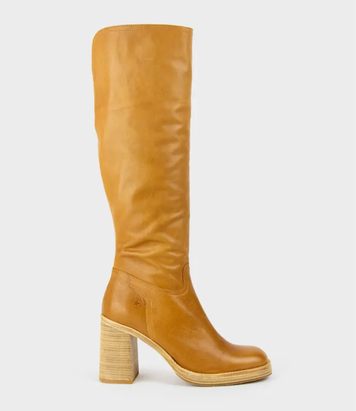 VEIL Block Heel Knee High Boot in Camel sold by Edward Meller
