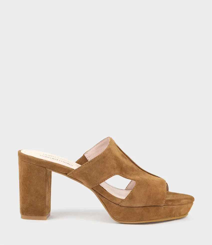 IRIS80 Platform Slide with Cut-out in Tawny Suede sold by Edward Meller