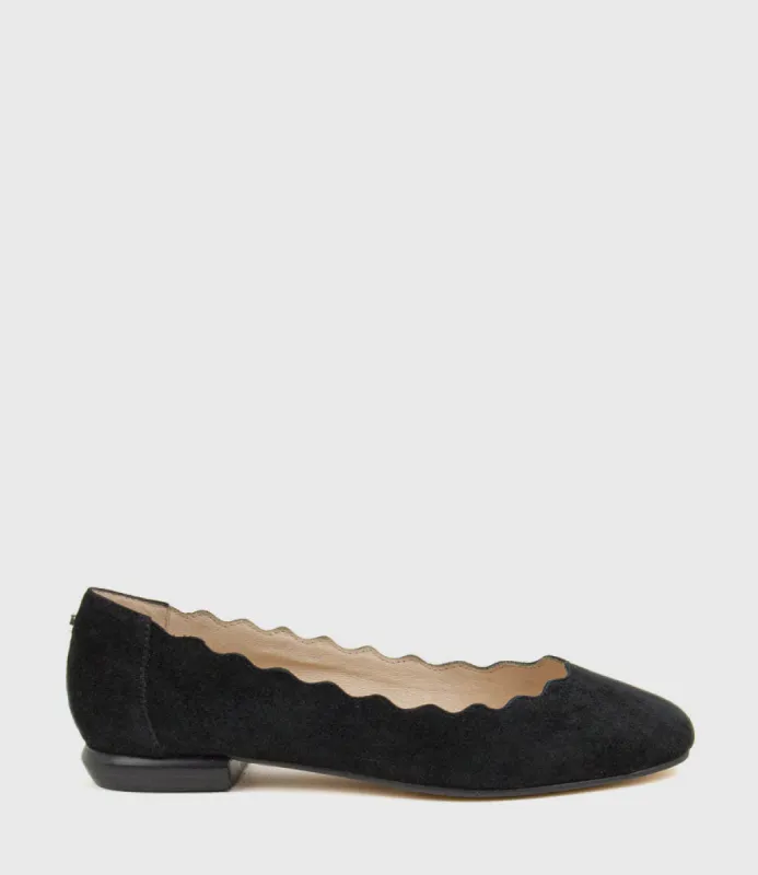 FARA Scalloped Ballet Flat in Black Suede sold by Edward Meller