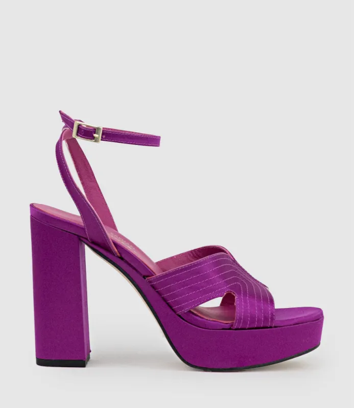 ROSALIA100 Stitched Detail Platform Sandal in Magenta Satin sold by Edward Meller